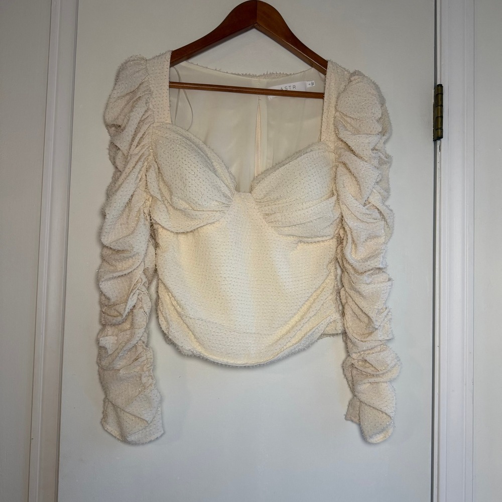 Astr Ruched Long Sleeve Cream Textured Bustier Blouse